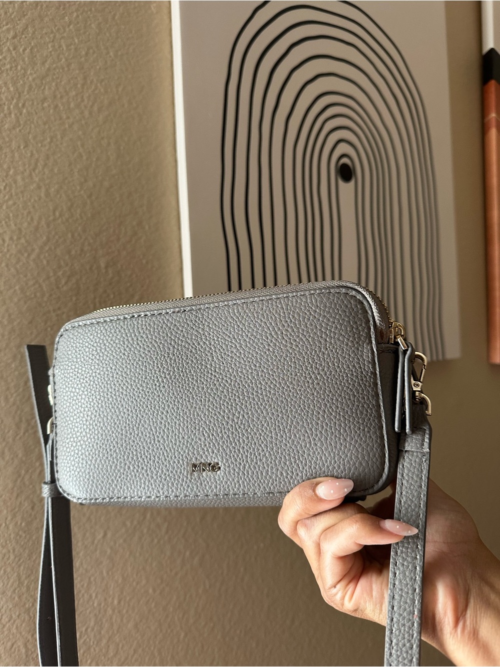 MNG Pebbled Faux Leather Gray Crossbody Bag